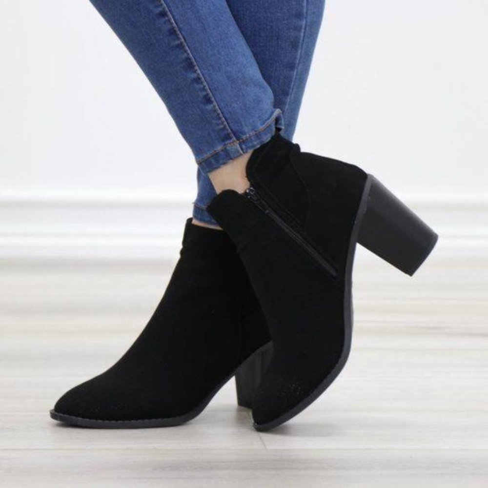 Black Perforated Design Ankle Heeled Boots - Picture 9 of 16